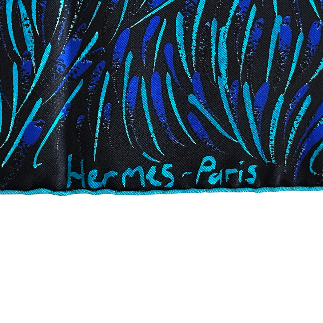 HERMES エルメス カレ90 GLORIA グロリアの夢 スカーフ ブラック ブルー シルク レディース 【中古】