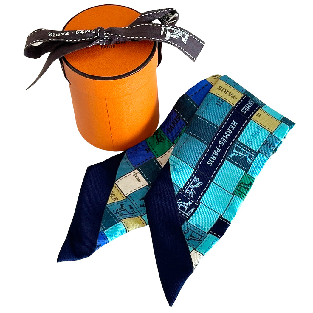 HERMES エルメス ツイリー Bolduc au Carre ボリュデュック・チェック スカーフ ブルー マルチカラー シルク レディース 【中古】