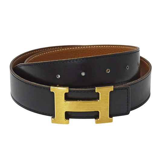 HERMES エルメス Hベルト ベルト ブラック ブラウン レザー メンズ 【中古】