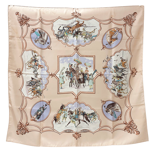 HERMES エルメス LES CHEVAUX DES MOGHOLS ムガル王朝の馬 スカーフ カレ 90 ピンクベージュ シルク レディース 【中古】