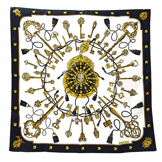 HERMES エルメス Les Cles 鍵 スカーフ カレ 90 ブラック ホワイト シルク レディース 【中古】