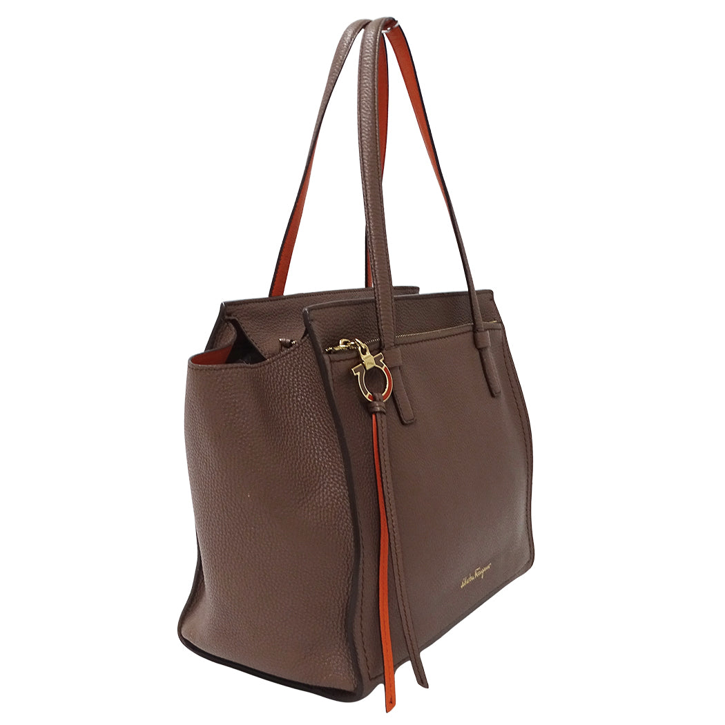 Ferragamo フェラガモ エイミー トートバッグ ガンチーニ ブラウン オレンジ GG-21F216 レザー レディース 【中古】