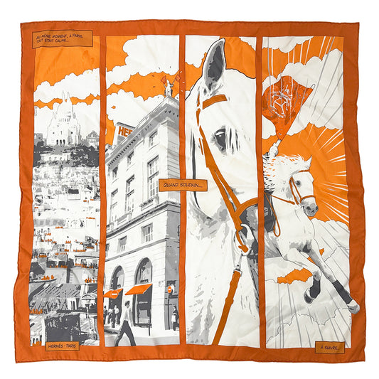 HERMES エルメス QUAND SOUDAIN その日突然 スカーフ カレ 70 オレンジ シルク レディース 【中古】