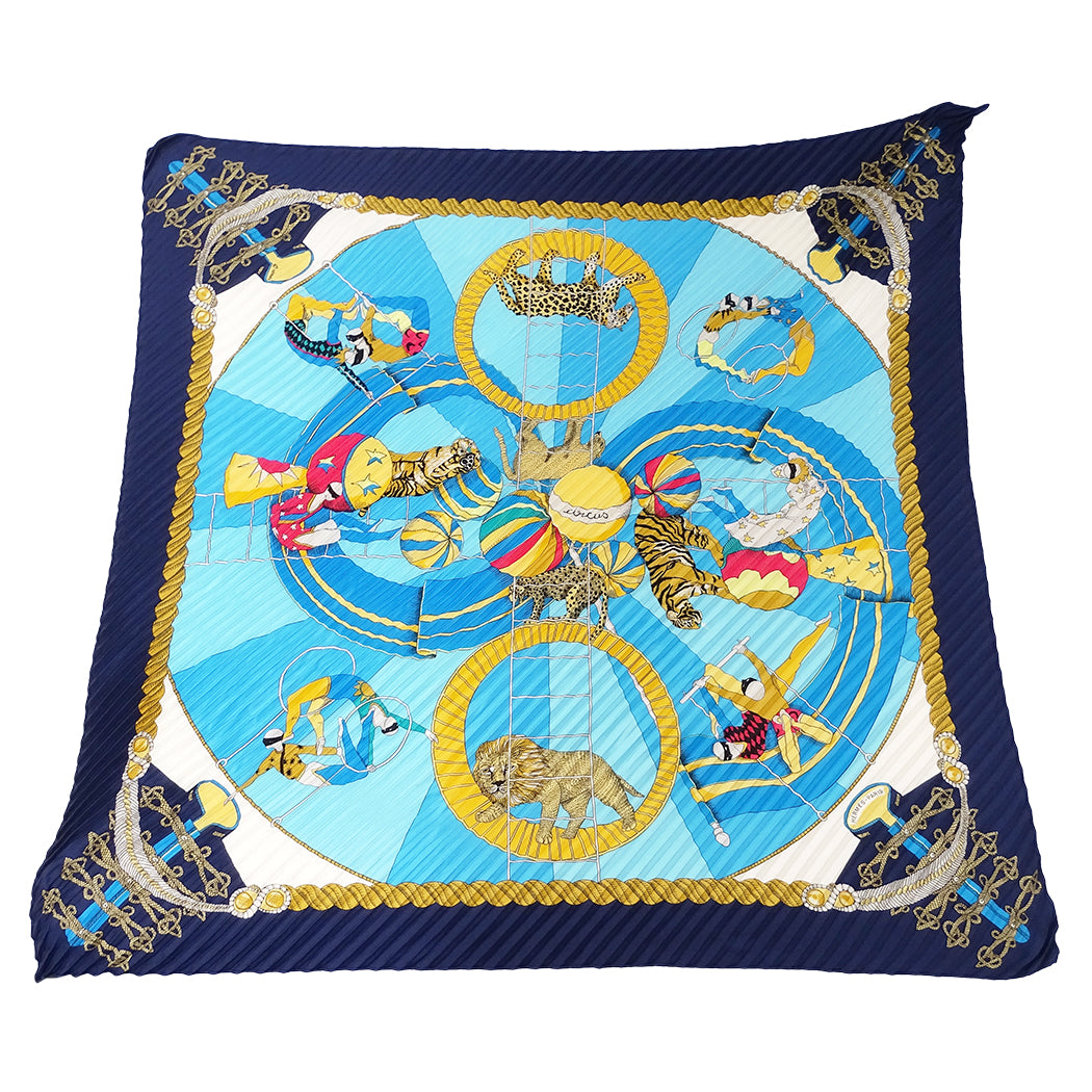HERMES エルメス circus サーカス スカーフ プリーツカレ ブルー シルク レディース 【中古】