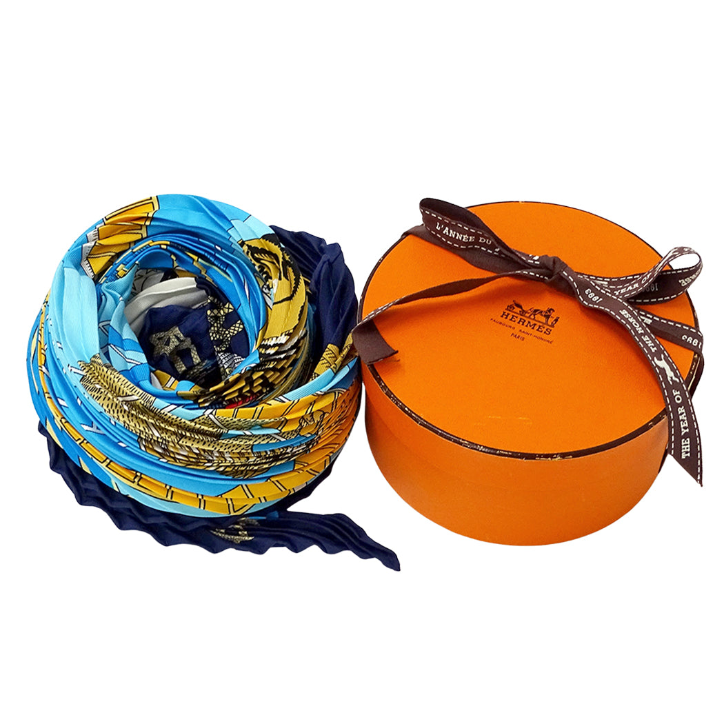 HERMES エルメス circus サーカス スカーフ プリーツカレ ブルー シルク レディース 【中古】