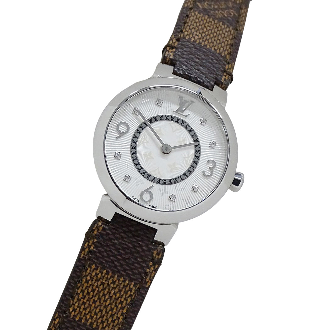 LOUIS VUITTON ルイ・ヴィトン タンブ―ル スリム Q12MG レディース 腕時計 8Pダイヤモンド クオーツ SS レザー 磨き済み【中古】