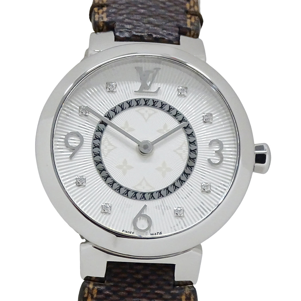 LOUIS VUITTON ルイ・ヴィトン タンブ―ル スリム Q12MG レディース 腕時計 8Pダイヤモンド クオーツ SS レザー 磨き済み【中古】