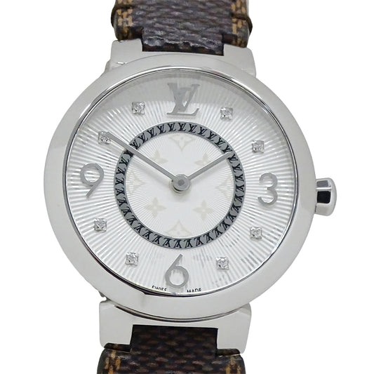 LOUIS VUITTON ルイ・ヴィトン タンブ―ル スリム Q12MG レディース 腕時計 8Pダイヤモンド クオーツ SS レザー 磨き済み【中古】