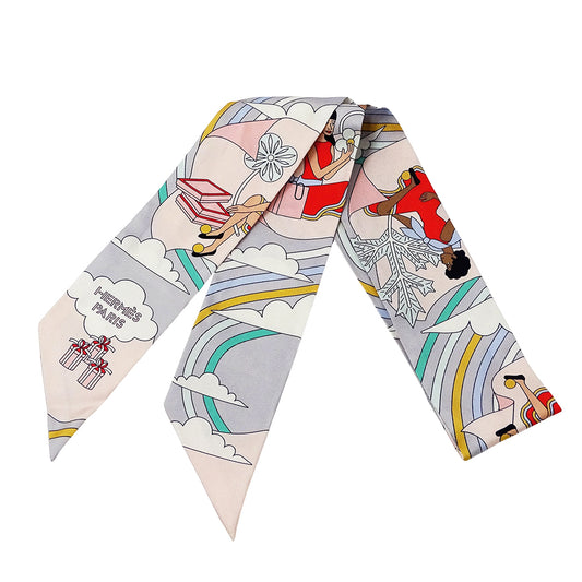 HERMES エルメス CARRES VOLANTS 空飛ぶカレ スカーフ ツイリー ピンク グレー シルク レディース 【中古】