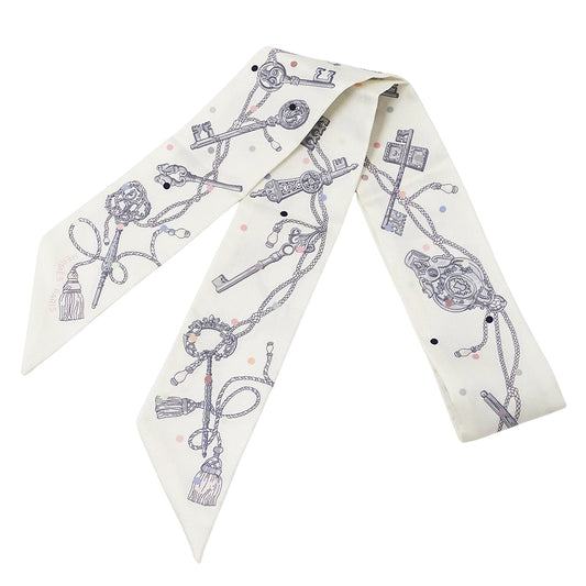 HERMES エルメス LES CLES A POIS スカーフ ツイリー ホワイト シルク レディース 【中古】
