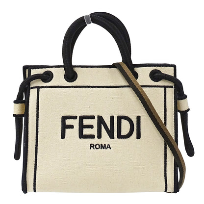 FENDI フェンディ ローマ ショッパー トート ミニ 2wayバッグ ホワイト ブラック 8BH380 キャンバス レディース 【中古】