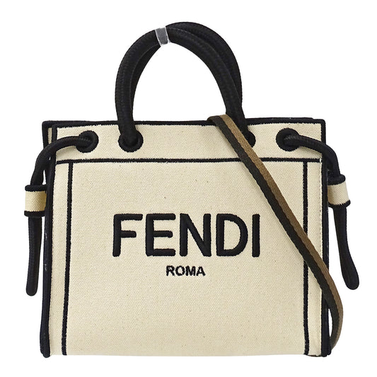 FENDI フェンディ ローマ ショッパー トート ミニ 2wayバッグ ホワイト ブラック 8BH380 キャンバス レディース 【中古】
