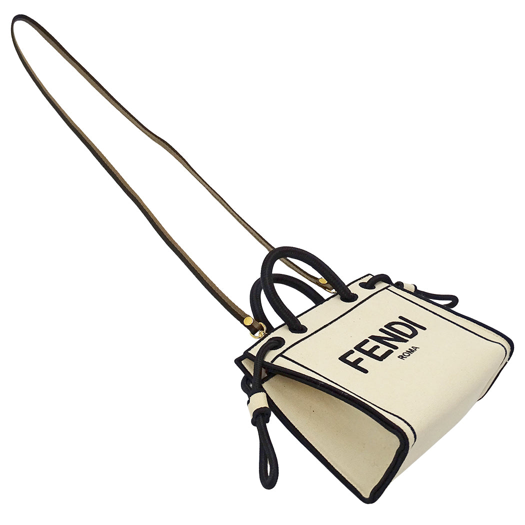 FENDI フェンディ ローマ ショッパー トート ミニ 2wayバッグ ホワイト ブラック 8BH380 キャンバス レディース 【中古】
