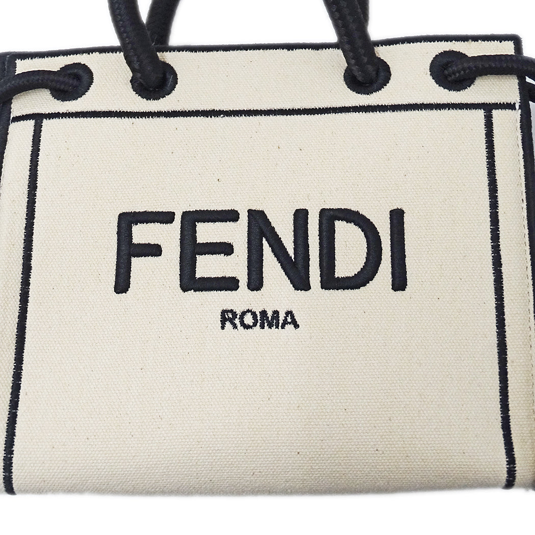 FENDI フェンディ ローマ ショッパー トート ミニ 2wayバッグ ホワイト ブラック 8BH380 キャンバス レディース 【中古】