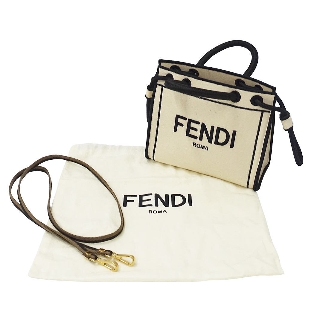 FENDI フェンディ ローマ ショッパー トート ミニ 2wayバッグ ホワイト ブラック 8BH380 キャンバス レディース 【中古】